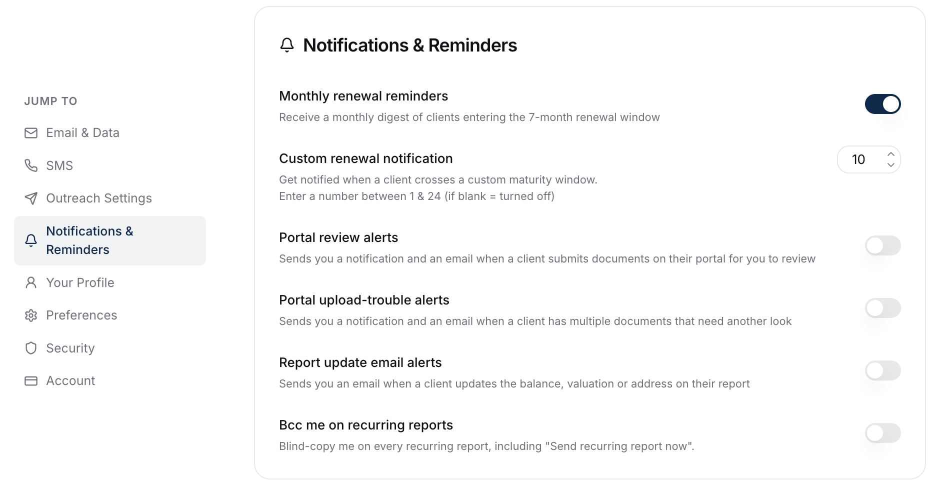 The Notifications & Reminders settings card, with the Custom renewal notification row set to 10 months alongside toggles for monthly renewal reminders, portal alerts, and recurring report options.