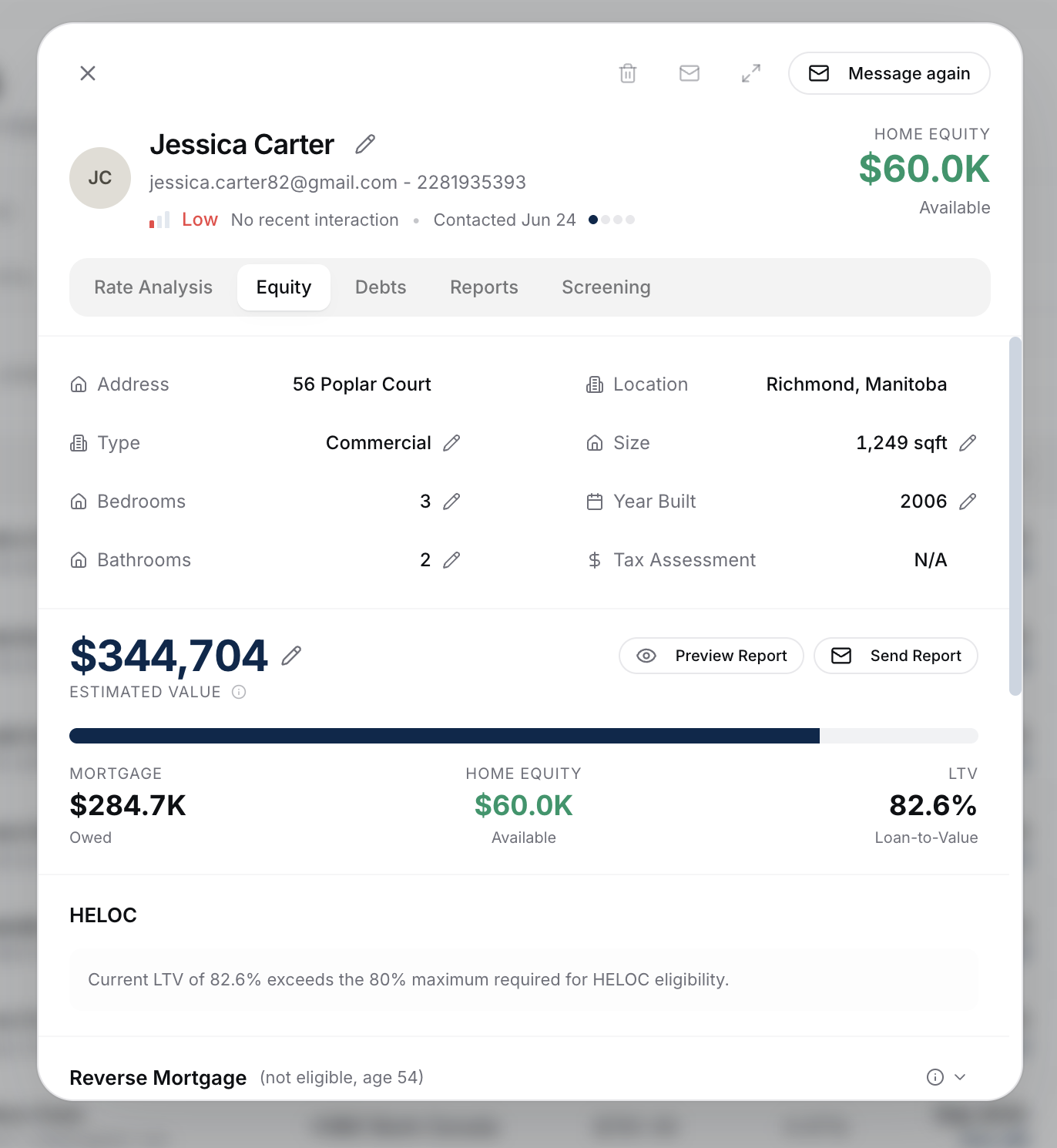 A renewal client's detail view on the Equity tab, showing estimated value, mortgage owed, home equity available, LTV, a HELOC eligibility note, and a reverse mortgage scenario.