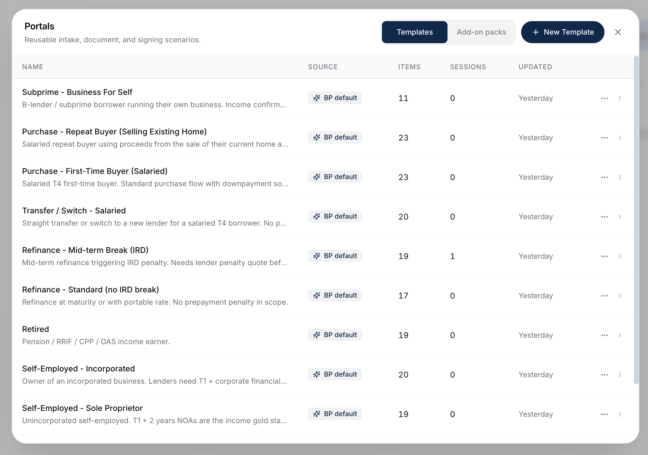 The Edit Portals modal with the Templates tab selected, listing the eleven default templates grouped by scenario, with the Templates and Add-on packs toggle at the top.