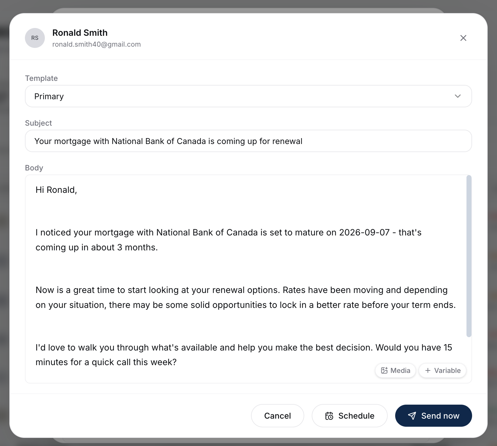 The renewal compose drawer with the template selector set to Primary, an editable subject and body pre-filled with the client's details, and Cancel, Schedule, and Send now buttons along the bottom.